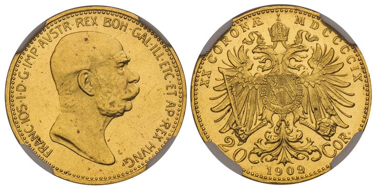 オーストリア フランツ・ヨーゼフ1世 20コロナ金貨 1909年 NGC MS63 ...