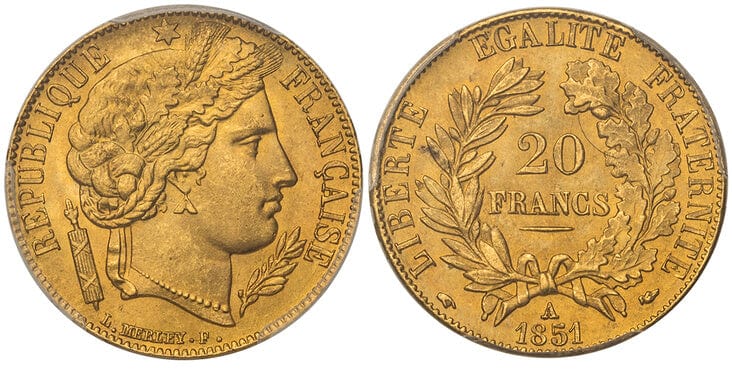 フランス ナポレオン3世 20フラン 1851年 PCGS MS65+