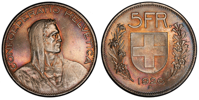 kosuke_dev スイス ウィリアム・テル 5スイスフラン銀貨 1926年 PCGS MS64