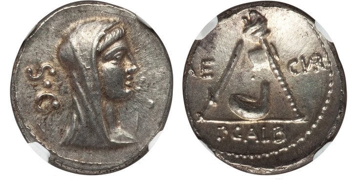 古代ローマ ウェスタ デナリウス貨 紀元前69/68年 NGC MS★