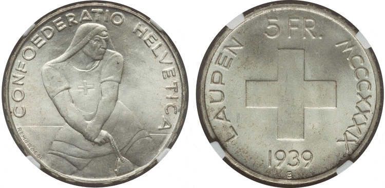 kosuke_dev スイス ラウペンの戦い 5フラン銀貨 1939-B年 NGC MS65