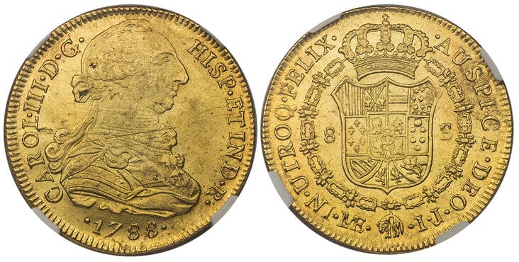 ペルー カルロス3世 8エスクード金貨 1788年 NGC MS62+