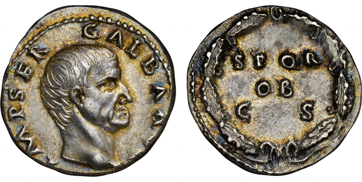 ローマ帝国 ガルバ デナリウス銀貨 68-69年 NGC Ch. AU