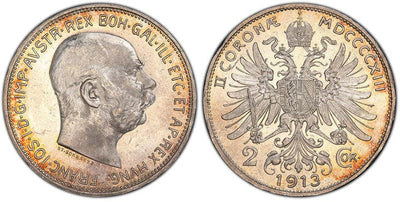 アンティークコインギャラリア オーストリア フランツ・ヨーゼフ1世 2コロナ銀貨 1913年 PCGS MS64