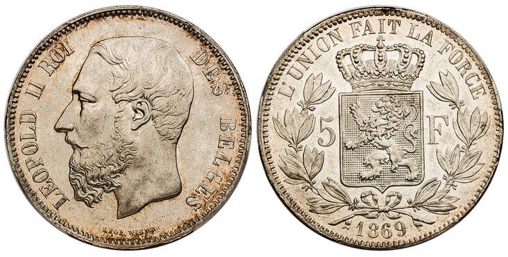 1869年ベルギー　五フラン銀貨　外国銀貨AU58