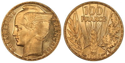 フランス 第三共和政 マリアンヌ 100フラン金貨 1936年 PCGS MS65
