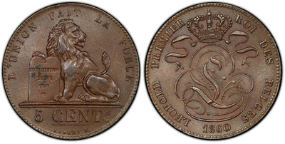 kosuke_dev ベルギー レオポルド1世 1860年 5センテシミ 銅貨 PCGS MS63BN