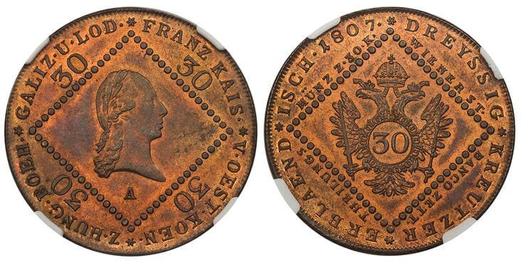 神聖ローマ帝国 オーストリア フランツ2世 30クロイツァー銅貨 1807年 