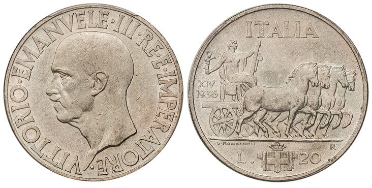 イタリア ヴィットーリオ・エマヌエーレ3世 20リラ銀貨 1936-R年 PCGS MS64