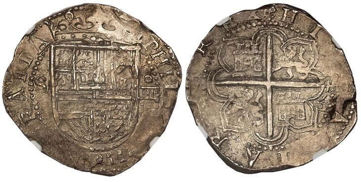 1598-1665頃発行 スペインコブ銀貨 2レイス AU55 TOPPOP-
