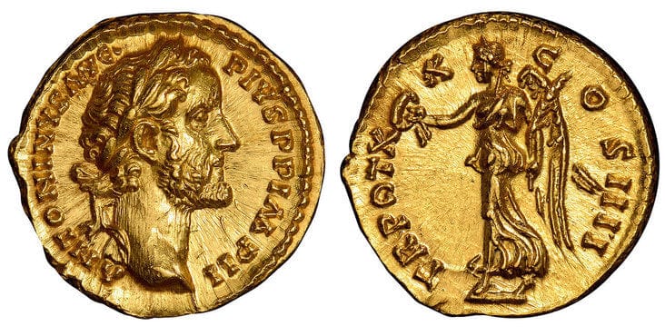 古代ローマ帝国 アントニヌス・ピウス アウレウス金貨138-161年 NGC Gem MS
