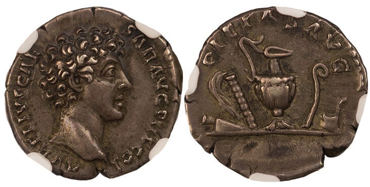 ローマ帝国 マルクス・アウレリウス デナリウス 140-144年 NGC Ch. XF