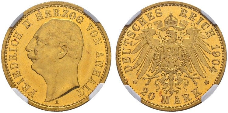 kosuke_dev ドイツ アンハルト公国 フリードリヒ2世 20マルク金貨 1904年 NGC PR64 Cameo
