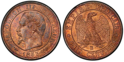 アンティークコインギャラリア フランス ナポレオン3世 5サンチーム銅貨 1853-B年 PCGS MS65RB