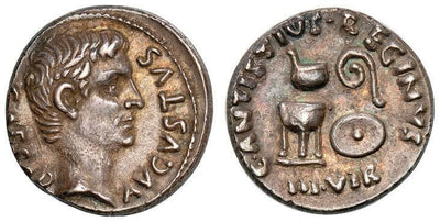 ローマ帝国 アウグストゥス デナリウス銀貨 紀元前13年 NGC Ch. XF★