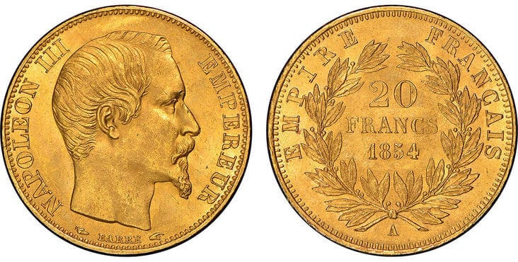 フランス ナポレオン3世 20フラン金貨 1854-A年 NGC MS65 