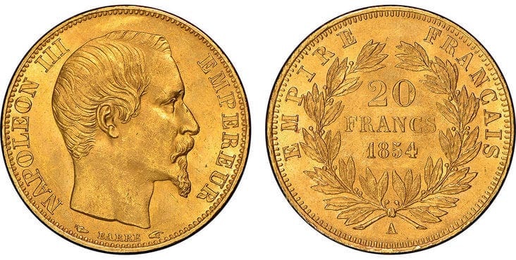 フランス ナポレオン3世 20フラン金貨 1854-A年 NGC MS65