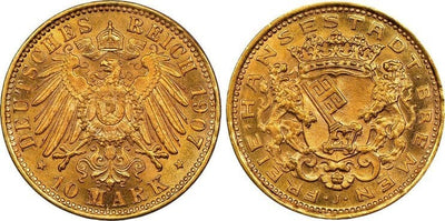 ドイツ ブレーメン 10マルク 金貨 1907年 NGC MS68