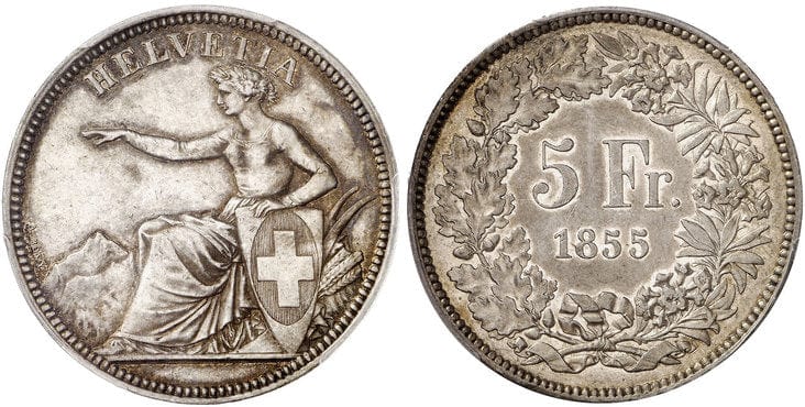 kosuke_dev スイス ヘルヴェティア 5スイスフラン銀貨 1855年 PCGS AU53