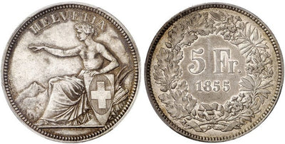 kosuke_dev スイス ヘルヴェティア 5スイスフラン銀貨 1855年 PCGS AU53