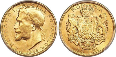 ルーマニア フェルディナンド1世 20レイ金貨 1922年 PCGS MS63