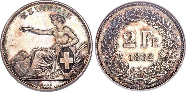 kosuke_dev スイス ヘルヴェティア 2スイスフラン銀貨 1862-B年 NGC MS66