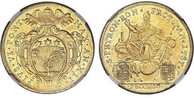 イタリア 教皇国家 ピウス6世 10ゼッチーニ金貨 1787年 NGC AU53