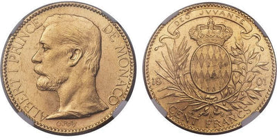 モナコ アルベール1世 100フラン 金貨 1901年 NGC MS64