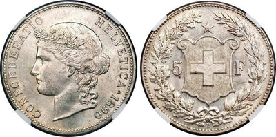 kosuke_dev スイス 5スイスフラン銀貨 1890-B年 NGC MS65