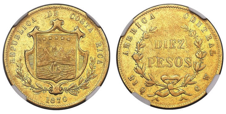 アンティークコインギャラリア コスタリカ共和国 10ペソ金貨 1870年 NGC AU53