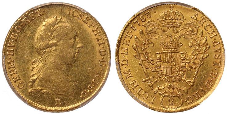 神聖ローマ帝国 オーストリア ヨーゼフ2世 2ダカット金貨 1783年 PCGS AU58
