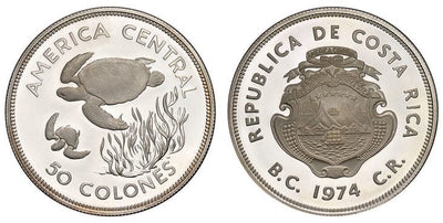 アンティークコインギャラリア コスタリカ共和国 アオウミガメ 50コロネス銀貨 1974年 NGC PR67UCAM