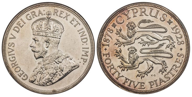 アンティークコインギャラリア キプロス ジョージ5世 45ピアストル銀貨 1928年 NGC PR58