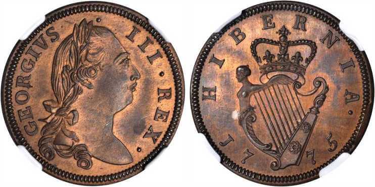 アイルランド ジョージ3世 1/2ペニー銅貨 1775年 NGC PR65RB