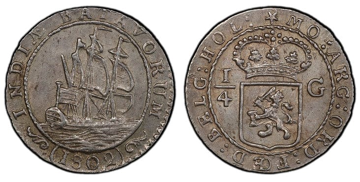 オランダ領東インド バタヴィア共和国 1/4ギルダー銀貨 1802年 PCGS