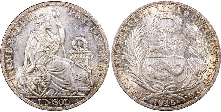 kosuke_dev ペルー 1ソル銀貨 1915 FG 年 PCGS MS65