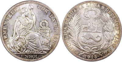 ペルー 1ソル銀貨 1915 FG 年 PCGS MS65