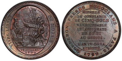 アンティークコインギャラリア フランス 5ソル銅貨 1792年 PCGS Genuine Cleaned - UNC Detail
