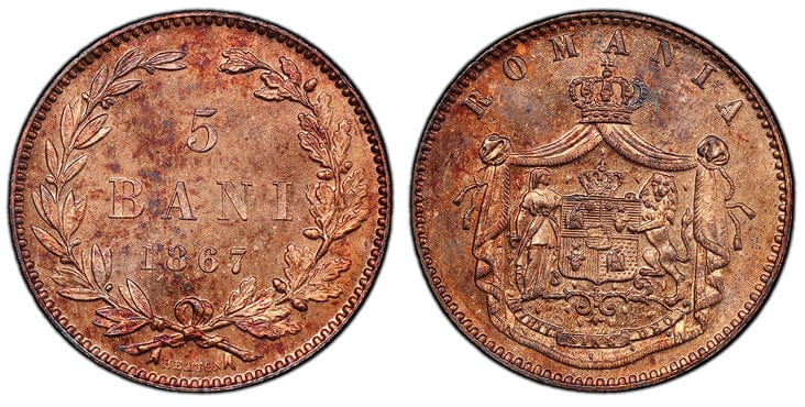 kosuke_dev ルーマニア カロル1世 5バニ銅貨 1867年 PCGS SP64RB