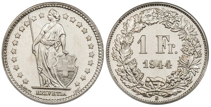 スイス ヘルヴェティア 1スイスフラン銀貨 1944-B年 PCGS SP66