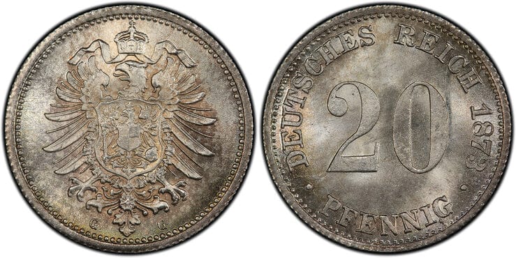 ドイツ帝国 ヴィルヘルム1世 20ペニヒ銀貨 1873年 PCGS MS66+