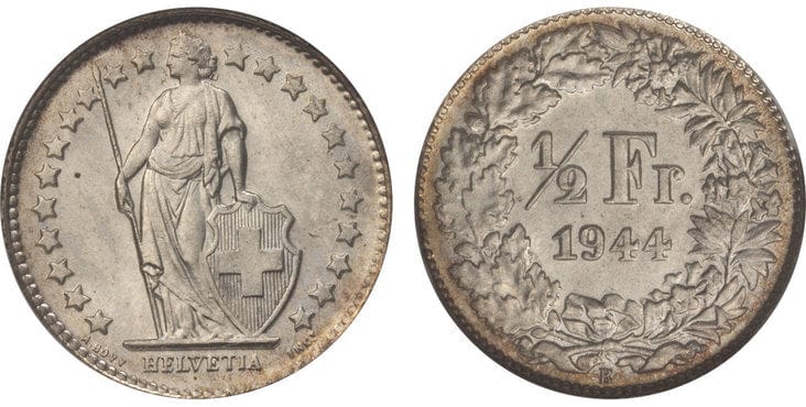 スイス ヘルヴェティア 1/2スイスフラン銀貨 1944-B年 NGC MS66