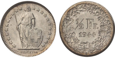 kosuke_dev スイス ヘルヴェティア 1/2スイスフラン銀貨 1944-B年 NGC MS66