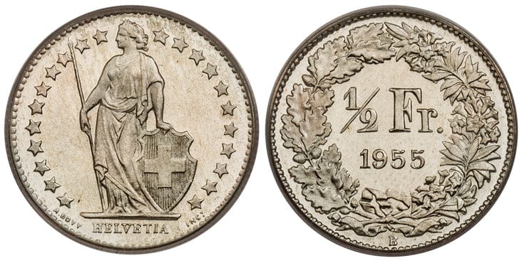 kosuke_dev スイス ヘルヴェティア 1/2スイスフラン銀貨 1955-B年 PCGS SP66