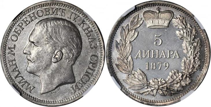 kosuke_dev セルビア王国 ミラン1世 5ディナラ銀貨 1879年 NGC PR66
