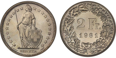 kosuke_dev スイス ヘルヴェティア 2スイスフラン銀貨 1961-B年 NGC MS66