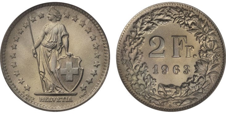 kosuke_dev スイス ヘルヴェティア 2スイスフラン銀貨 1963-B年 PCGS MS67