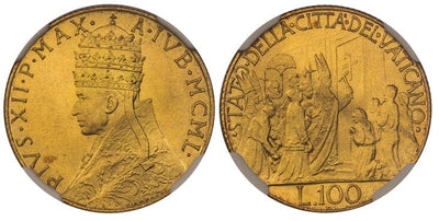 バチカン市国 ピウス12世 100リラ金貨 1950年 NGC MS66