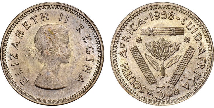 南アフリカ エリザベス2世 3ペンス銀貨 1956年 NGC MS65