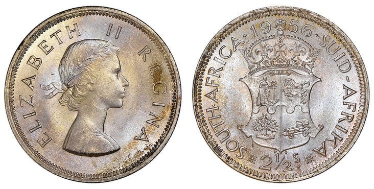 南アフリカ エリザベス2世 2-1/2シリング銀貨 1956年 NGC MS64+